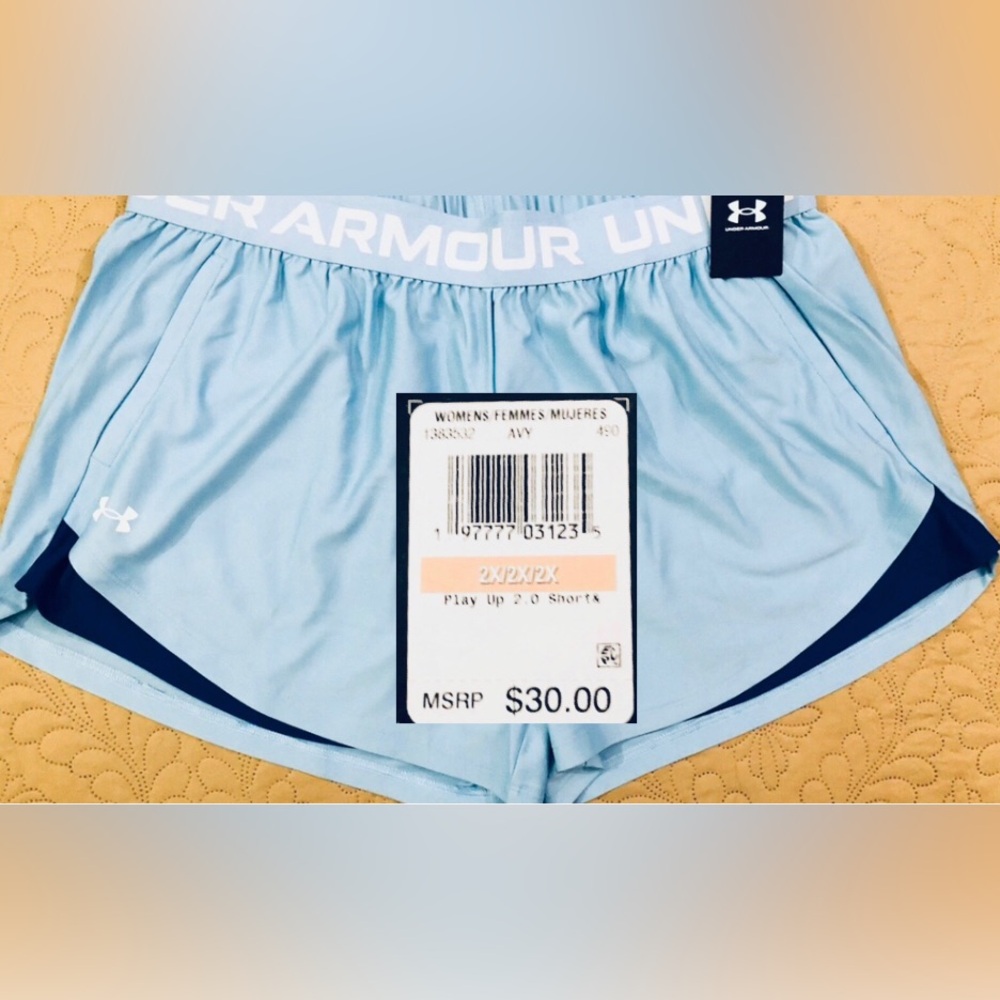 NEW.WOMEN 2X PLUS SIZE UNDER ARMOUR PLAY UP 2.0 SHORTS.W/ POCKETS(BLIZZARD BLUE)